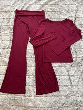 Burgundy Lounge Set - Long Sleeve Top & Flared Pants